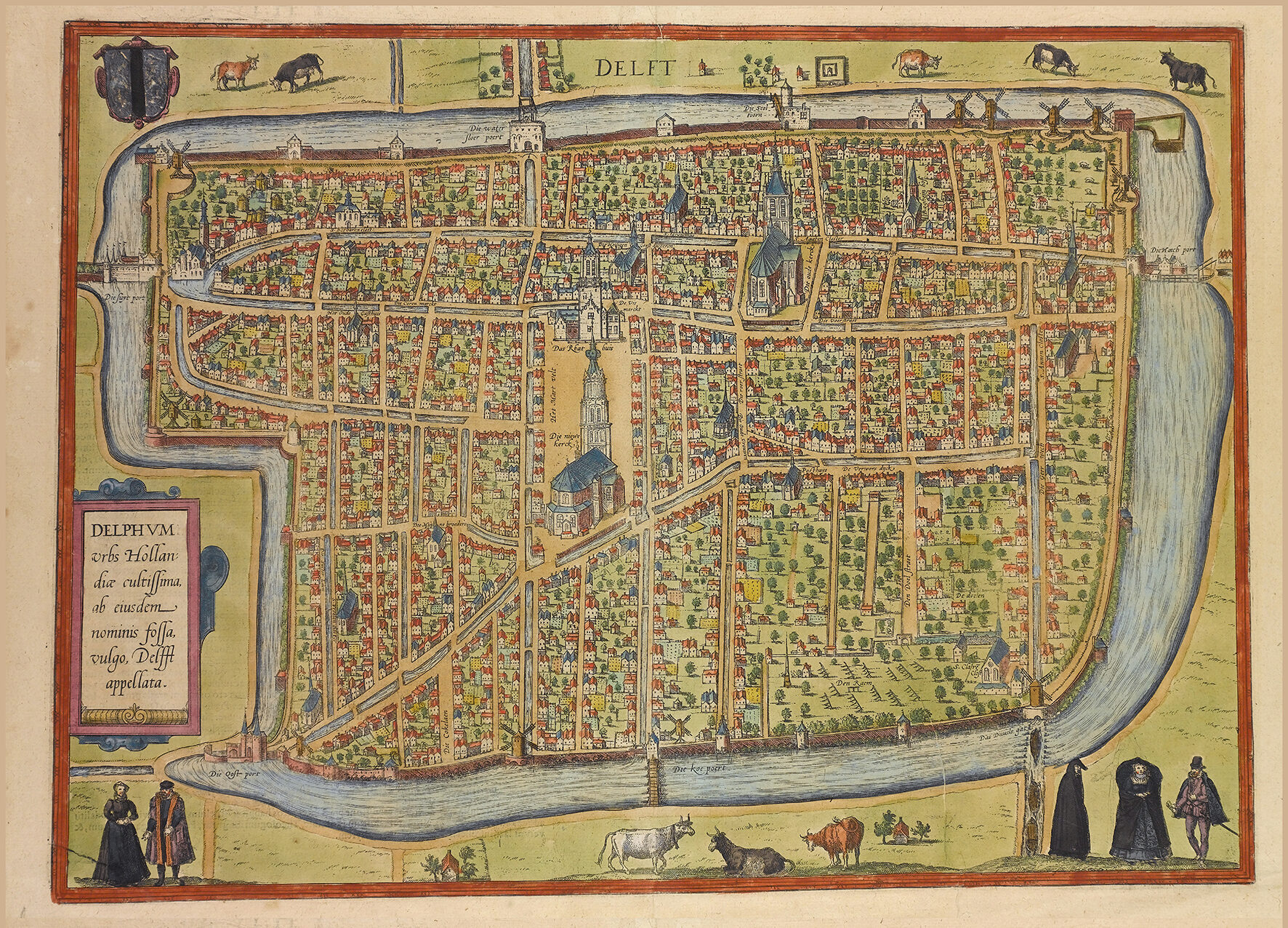 Ingekleurde historische kaart van Delft door Hogenberg