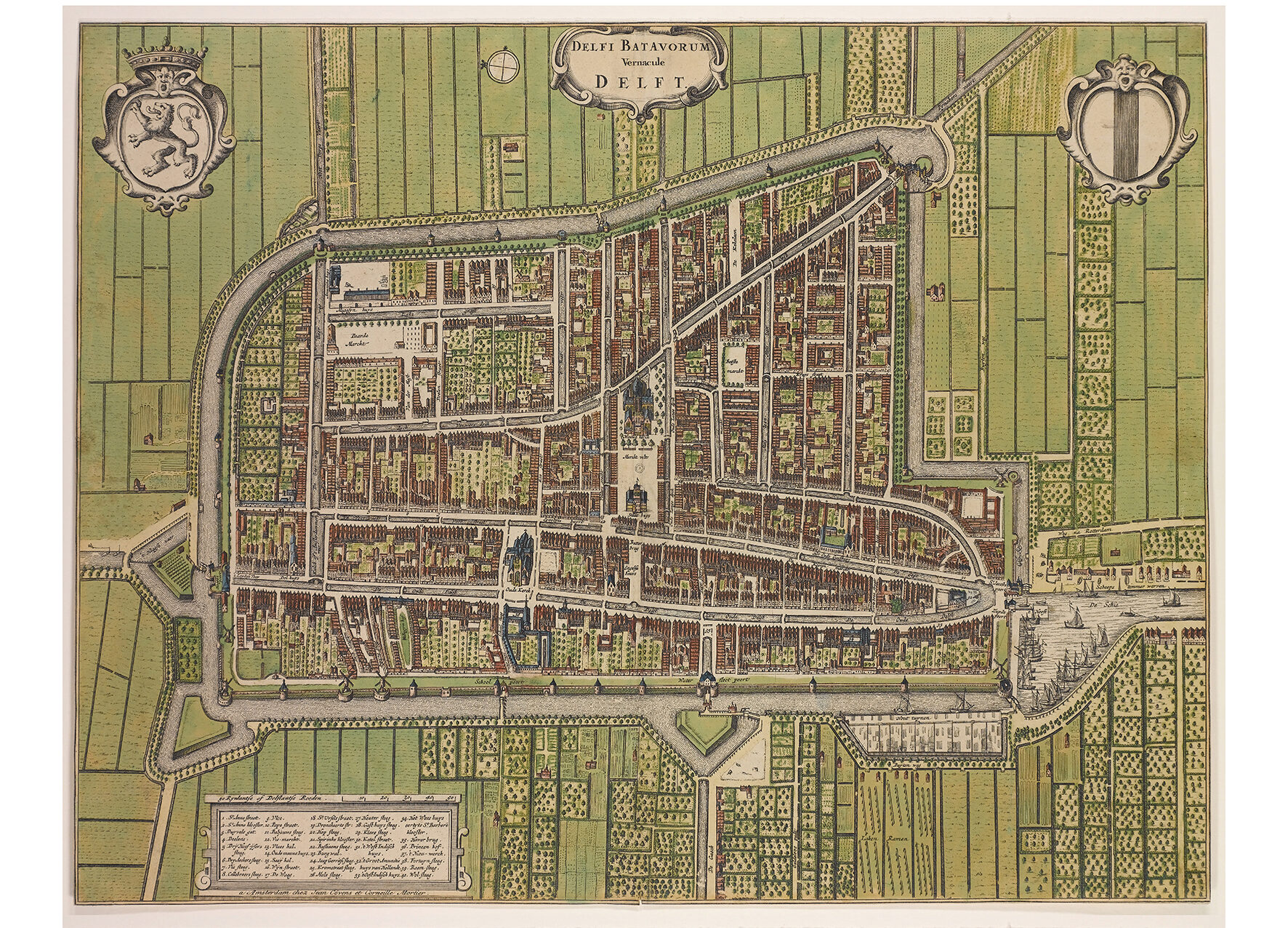 Ingekleurde historische kaart van Delft door Mortier