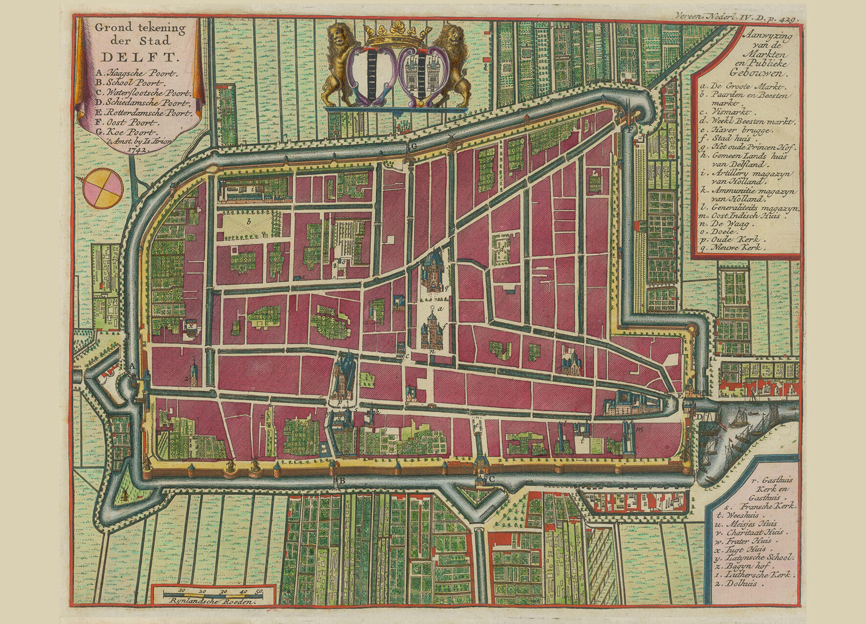 Historische kaart van Delft door Tirion