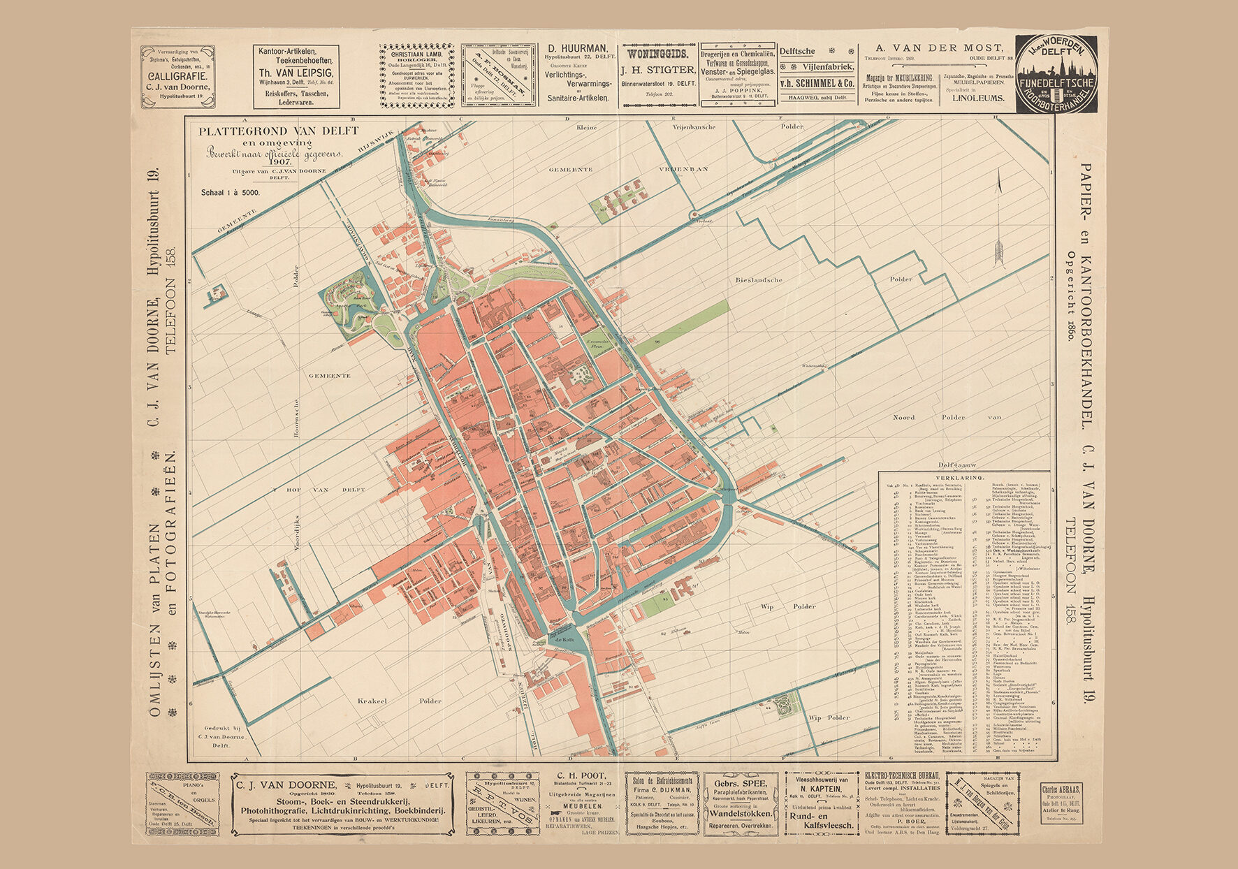Historische kaart van Delft door Van Doorne uit 1907