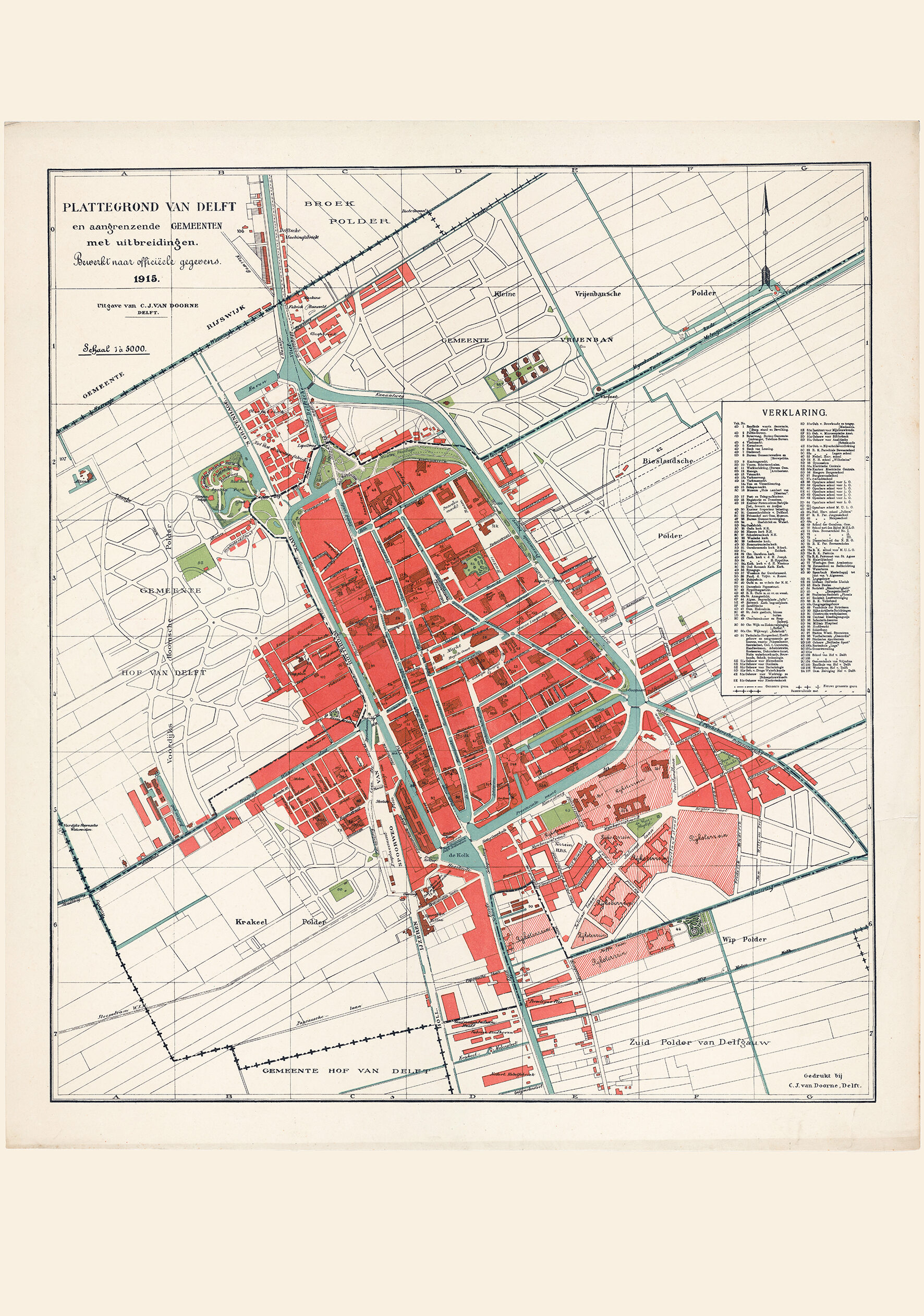 Historische kaart van Delft door Van Doorne uit 1915